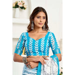 Load image into Gallery viewer, Women's Faux Linen Leaf Print Ready to wear Saree With Unstitched Blouse 5.5Mtr (SkyBlue & White)