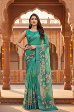 Load image into Gallery viewer, Women's Faux Linen Floral Ready to wear Saree With Unstitched Blouse 5.5Mtr (Green)