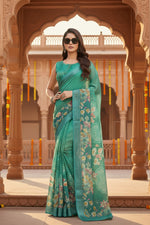 Load image into Gallery viewer, Women's Faux Linen Floral Ready to wear Saree With Unstitched Blouse 5.5Mtr (Green)