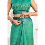 Load image into Gallery viewer, Women's Faux Linen Floral Ready to wear Saree With Unstitched Blouse 5.5Mtr (Green)