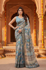 Load image into Gallery viewer, Women's Faux Linen Abstract Print Ready to wear Saree With Unstitched Blouse 5.5Mtr (Grey)