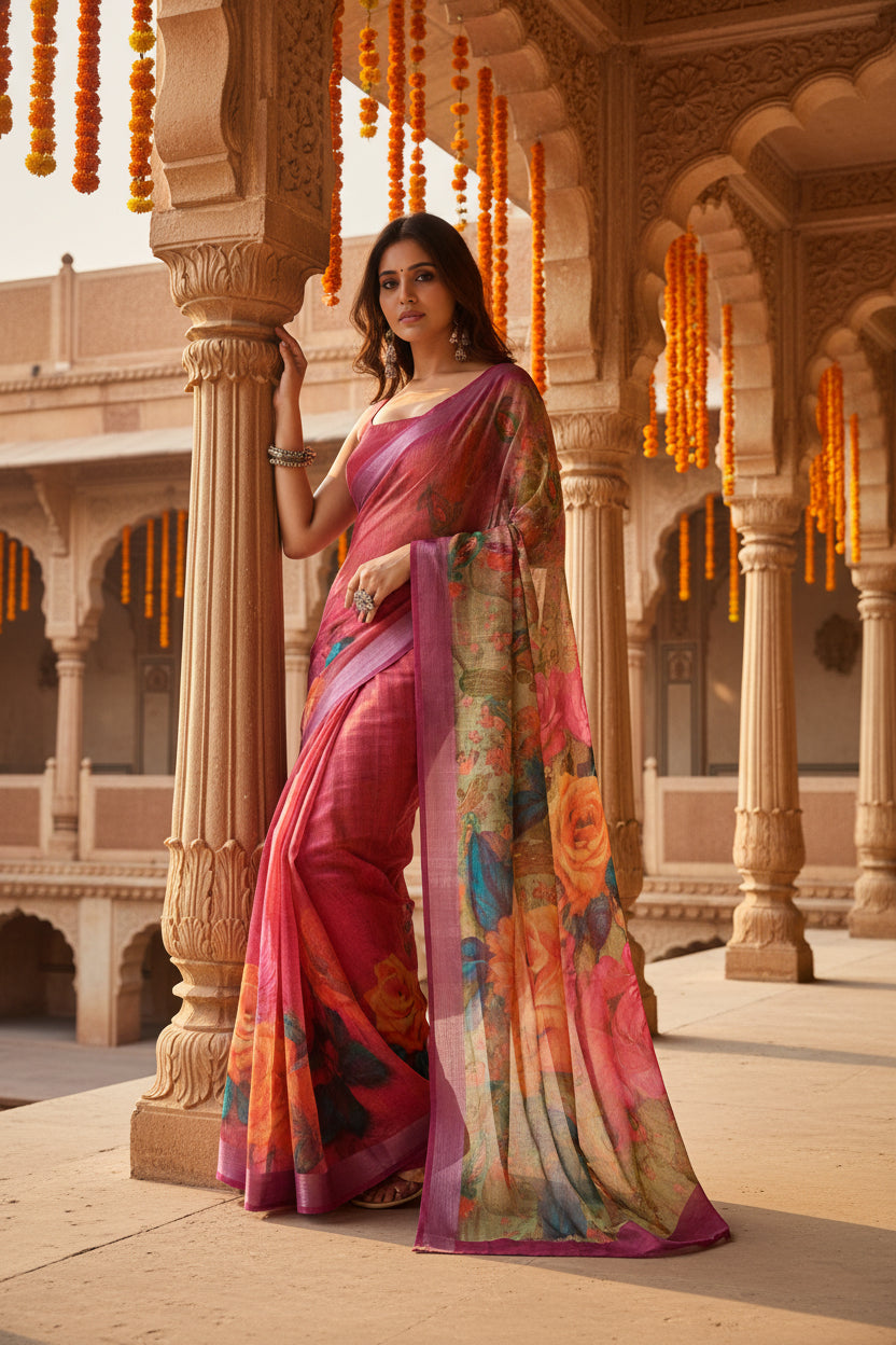 Pid 65884 women s faux linen floral print ready to wear saree with unstitched blouse 5 5 mtr pink 1000x1000_e4c5ef0f 5180 49fa bdd3 1396ffff5e75