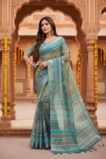 Load image into Gallery viewer, Women's Faux Linen Printed Ready to wear Saree With Unstitched Blouse 5.5Mtr (Multicolor)