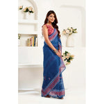 Load image into Gallery viewer, Women's Faux Linen Floral Print Ready to wear Saree With Unstitched Blouse 5.5Mtr (Blue)