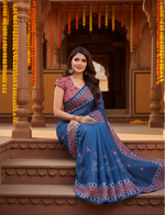 Load image into Gallery viewer, Women's Faux Linen Floral Print Ready to wear Saree With Unstitched Blouse 5.5Mtr (Blue)