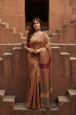 Load image into Gallery viewer, Women's Faux Linen Geometric Print Ready to wear Saree With Unstitched Blouse 5.5Mtr (Brown)