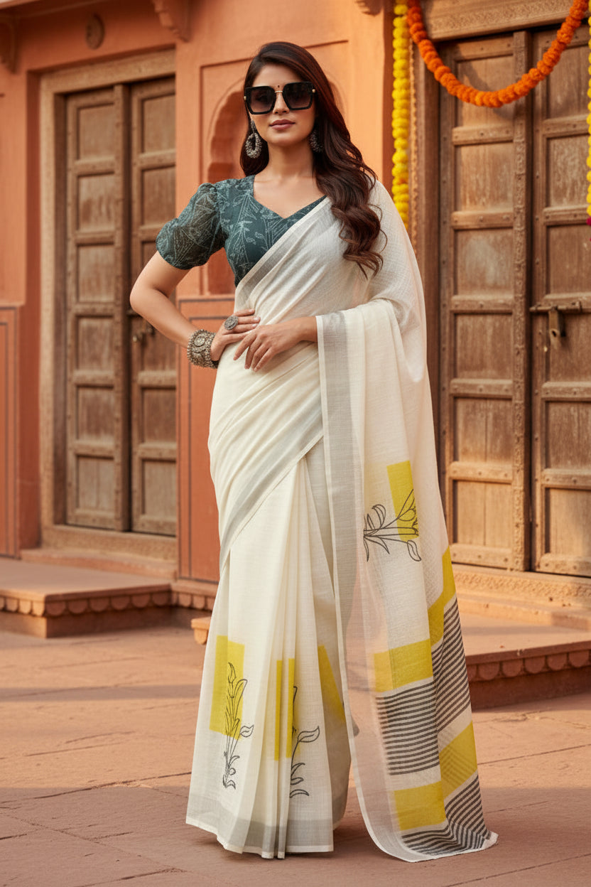 Pid 65890 women s faux linen floral print ready to wear saree with unstitched blouse 5 5 mtr off wh 1000x1000_c25db24e cfff 490e 85cc fab8d002330b