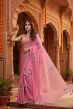 Load image into Gallery viewer, Women's Faux Linen Floral Print Ready to wear Saree With Unstitched Blouse 5.5Mtr (Pink)