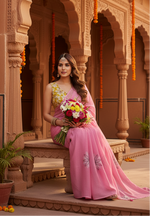 Load image into Gallery viewer, Women's Faux Linen Floral Print Ready to wear Saree With Unstitched Blouse 5.5Mtr (Pink)