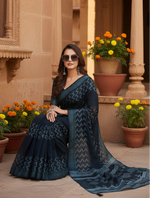 Load image into Gallery viewer, Women's Faux Linen Geometric Print Ready to wear Saree With Unstitched Blouse 5.5Mtr (Black)