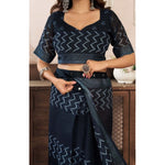Load image into Gallery viewer, Women's Faux Linen Geometric Print Ready to wear Saree With Unstitched Blouse 5.5Mtr (Black)