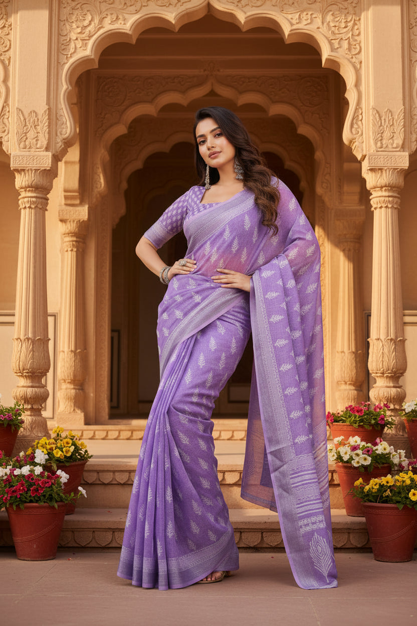 Pid 65896 women s faux linen floral ready to wear saree with unstitched blouse 5 5 mtr lavender 1 1000x1000