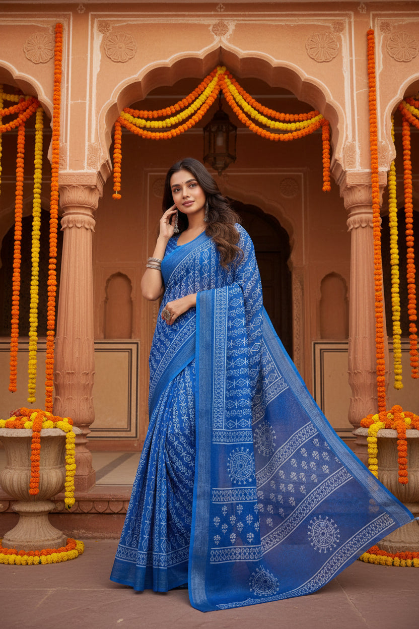 Women's faux linen geometric print ready to wear saree with unstitched blouse 5