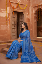 Load image into Gallery viewer, Women's Faux Linen Geometric Print Ready to wear Saree With Unstitched Blouse 5.5Mtr (Blue)