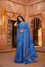 Load image into Gallery viewer, Women's Faux Linen Geometric Print Ready to wear Saree With Unstitched Blouse 5.5Mtr (Blue)