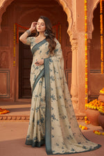 Load image into Gallery viewer, Women's Faux Linen Floral Print Ready to wear Saree With Unstitched Blouse 5.5Mtr (LightBeige)