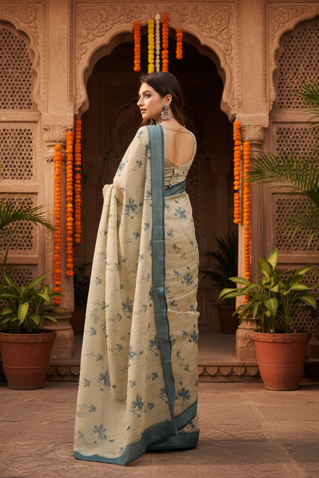 Women's faux linen floral print ready to wear saree with unstitched blouse 5