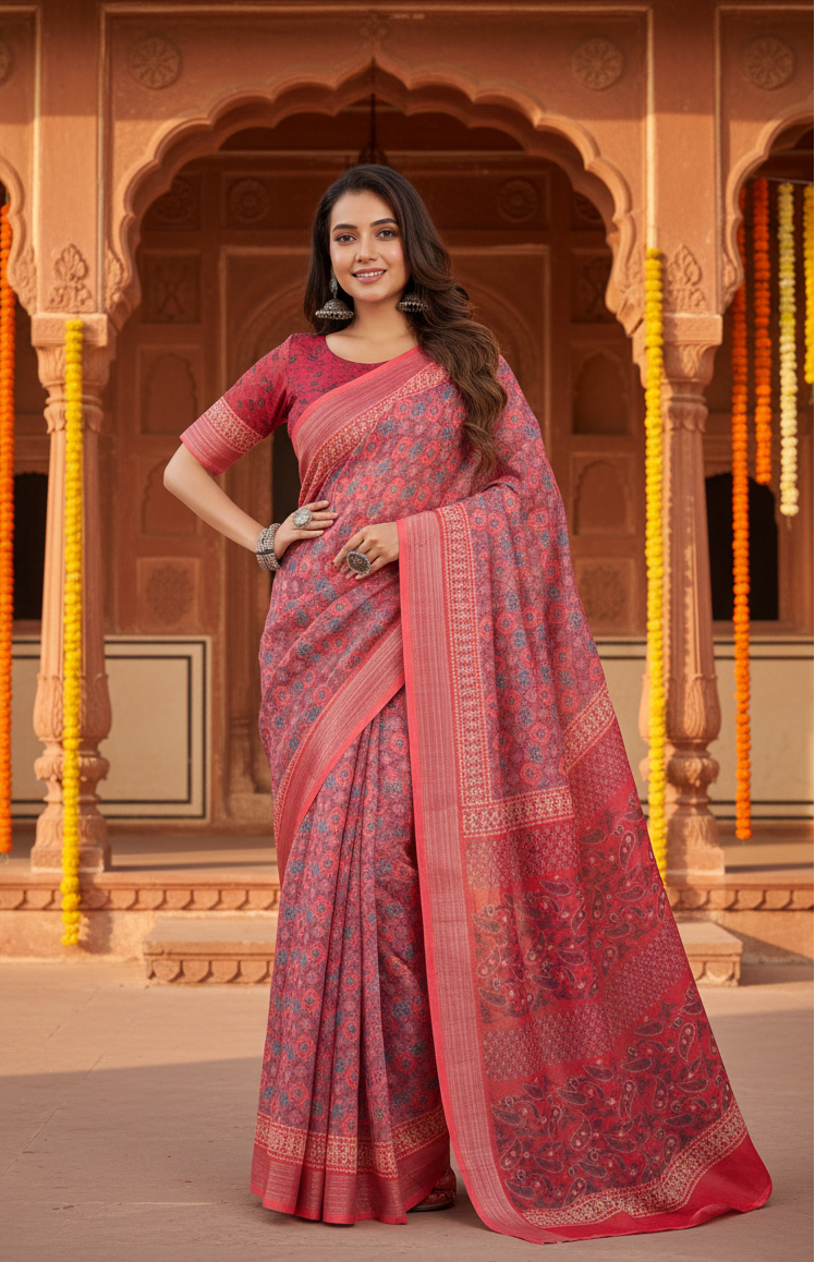 Women's faux linen geometric print ready to wear saree with unstitched blouse 5
