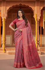 Load image into Gallery viewer, Women's Faux Linen Geometric Print Ready to wear Saree With Unstitched Blouse 5.5Mtr (Red)