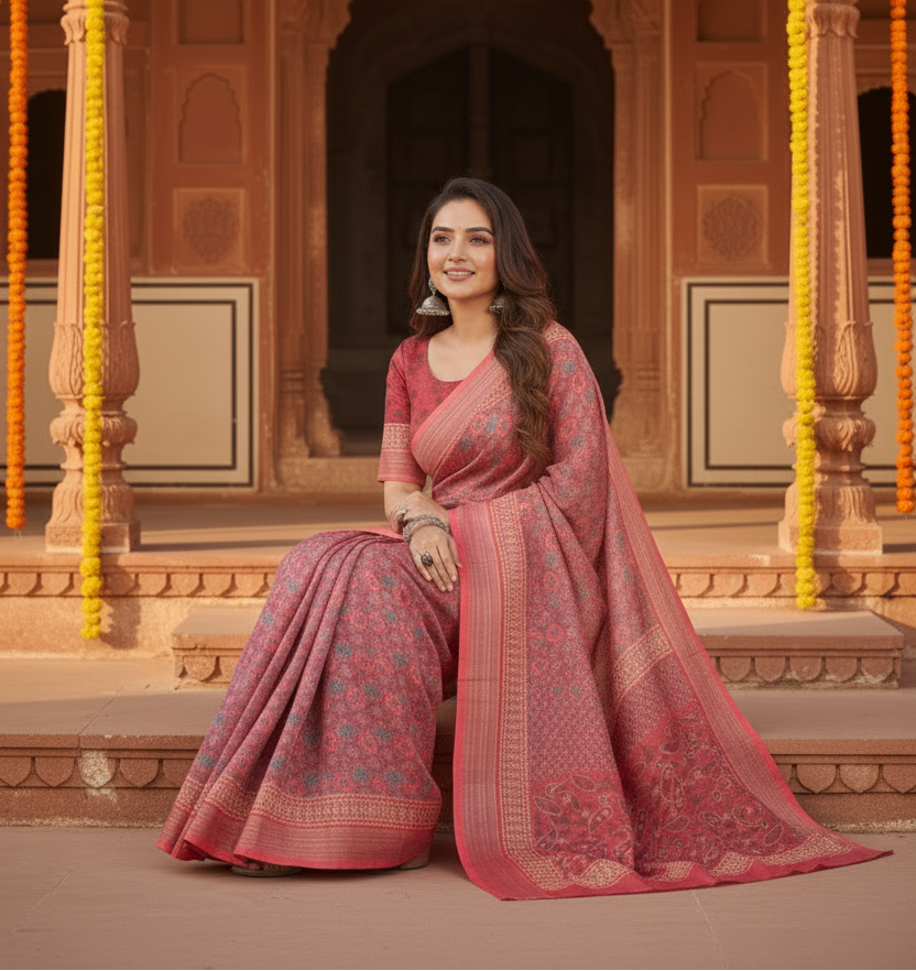 Pid 65904 women s faux linen geometric print ready to wear saree with unstitched blouse 5 5 mtr red 1000x1000_3ce74f8a 0892 4430 ae36 33872913b2b1