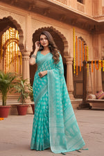 Load image into Gallery viewer, Women's Faux Linen Leaf Print Ready to wear Saree With Unstitched Blouse 5.5Mtr (SeaGreen)