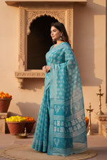 Load image into Gallery viewer, Women's Faux Linen Floral Print Ready to wear Saree With Unstitched Blouse 5.5Mtr (AquaBlue)
