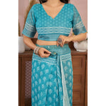 Load image into Gallery viewer, Women's Faux Linen Floral Print Ready to wear Saree With Unstitched Blouse 5.5Mtr (AquaBlue)