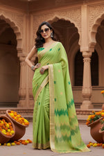 Load image into Gallery viewer, Women's Faux Linen Floral Print Ready to wear Saree With Unstitched Blouse 5.5Mtr (Green)