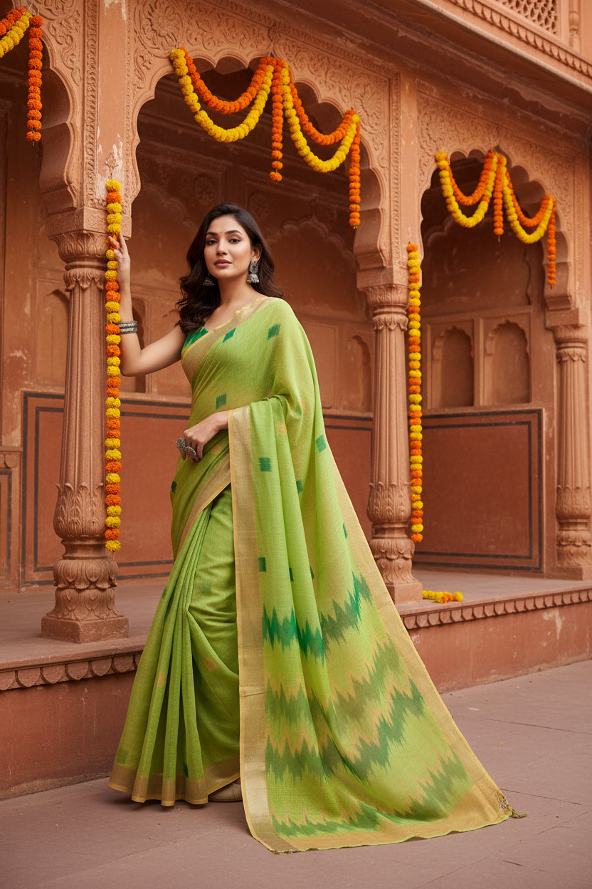 Women's faux linen floral print ready to wear saree with unstitched blouse 5