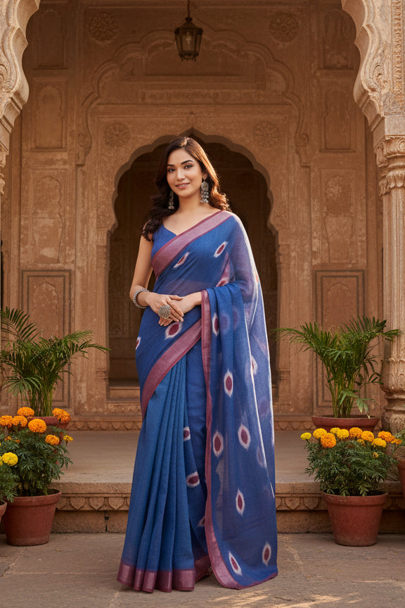 Women's faux linen printed ready to wear saree with unstitched blouse 5