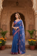 Load image into Gallery viewer, Women's Faux Linen Printed Ready to wear Saree With Unstitched Blouse 5.5Mtr (Blue)