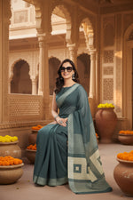 Load image into Gallery viewer, Women's Faux Linen Floral Ready to wear Saree With Unstitched Blouse 5.5Mtr (Light_Teal)