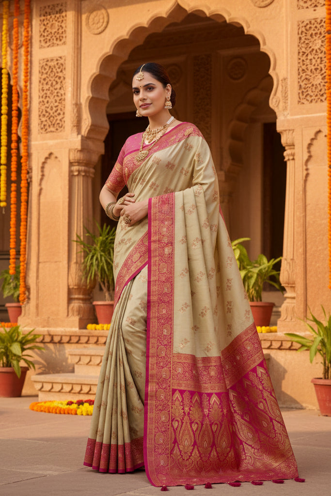 Women's silk blend booti work ready to wear saree with unstitched blouse 5