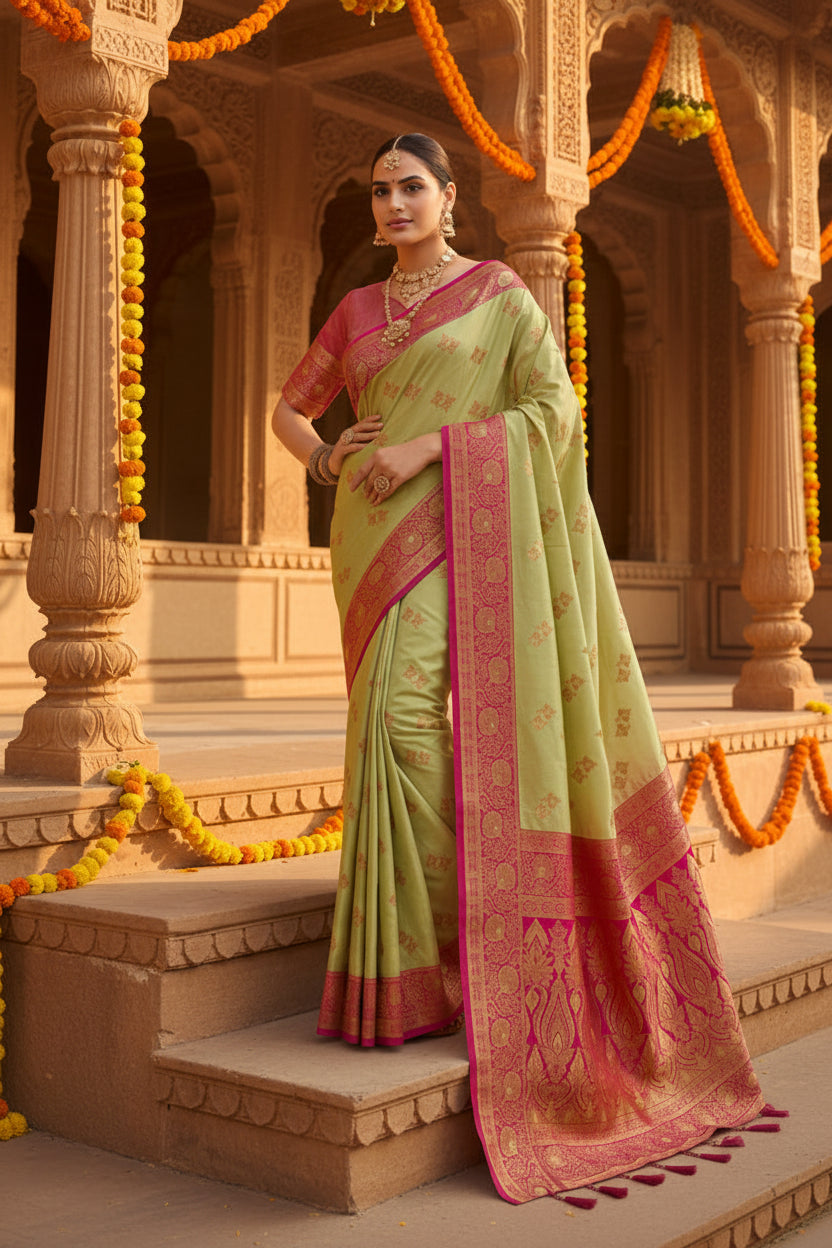 Pid 65936 women s silk blend booti work ready to wear saree with unstitched blouse 5 5 mtr green 1 1000x1000_1