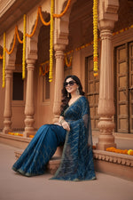 Load image into Gallery viewer, Women's Net Sequence Saree With Unstitched Blouse 5.5Mtr (Blue)
