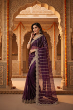 Load image into Gallery viewer, Women's Net Sequence Saree With Unstitched Blouse 5.5Mtr (Wine)