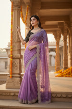 Load image into Gallery viewer, Women's Net Sequence Saree With Unstitched Blouse 5.5Mtr (Lavender)
