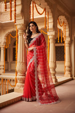 Load image into Gallery viewer, Women's Net Sequence Saree With Unstitched Blouse 5.5Mtr (Red)