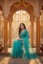 Load image into Gallery viewer, Women's Net Sequence Saree With Unstitched Blouse 5.5Mtr (Turquoise)