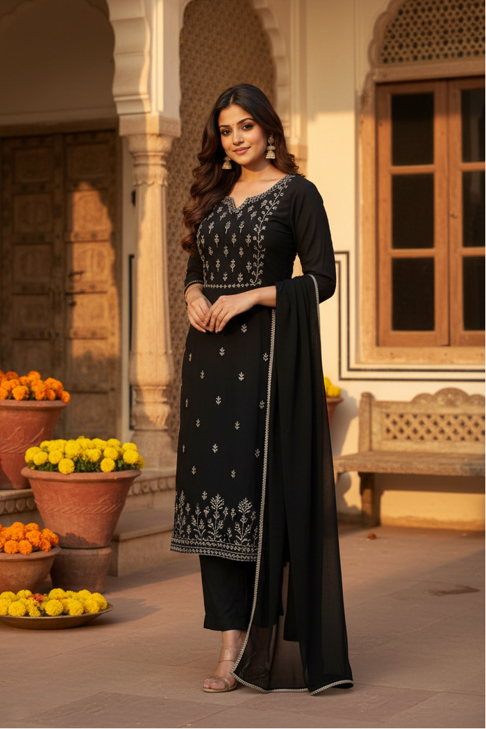 4th sleeve kurti with pant dupatta set (black)
