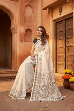 Load image into Gallery viewer, Women's Linen Cotton Printed Saree With Unstitched Blouse 5.5Mtr (Off White)