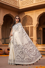 Load image into Gallery viewer, Women's Linen Cotton Printed Saree With Unstitched Blouse 5.5Mtr (Off White)