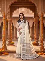 Load image into Gallery viewer, Women's Linen Cotton Printed Saree With Unstitched Blouse 5.5Mtr (Off White)