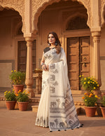 Load image into Gallery viewer, Women's Linen Cotton Printed Saree With Unstitched Blouse 5.5Mtr (Off White)