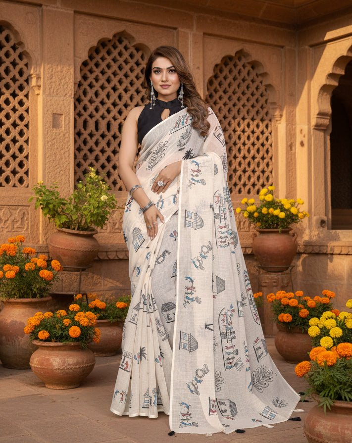 Pid 66184 women s soft linen cotton printed saree with unstitched blouse 5 5 mtr off white 1 1000x1000