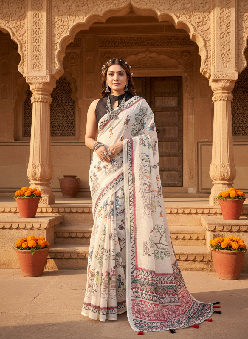 Pid 66185 women s soft linen cotton printed saree with unstitched blouse 5 5 mtr off white 1 1000x1000