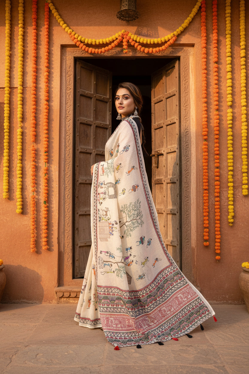 Women's linen cotton printed saree with unstitched blouse 5