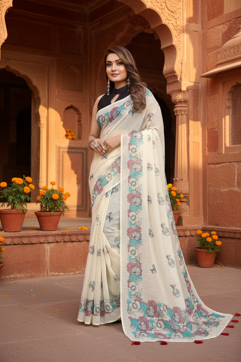 Pid 66189 women s soft linen cotton printed saree with unstitched blouse 5 5 mtr off white 1 1000x1000