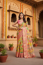 Load image into Gallery viewer, Women's Cotton Silk Floral Printed Saree With Unstitched Blouse 5.5Mtr (Yellow)