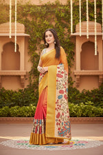 Load image into Gallery viewer, Women's Cotton Blend Floral Printed Saree With Unstitched Blouse 5.5Mtr (Yellow)